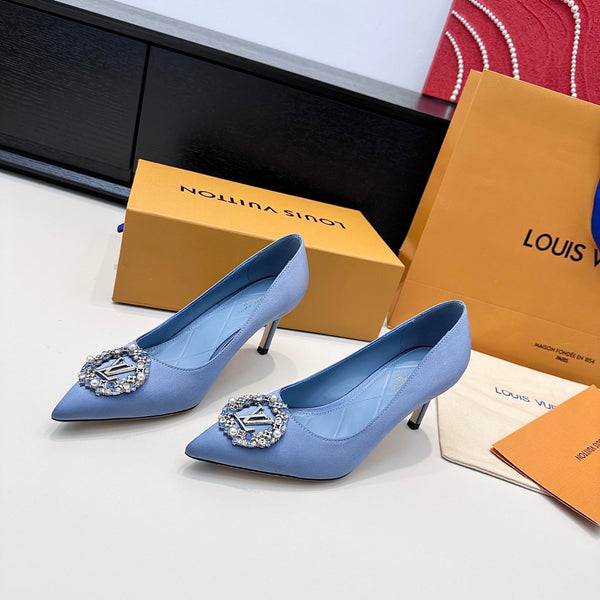 LV 26s Pointed-Toe High Heels 75 Light Blue Premium Satin 622433
