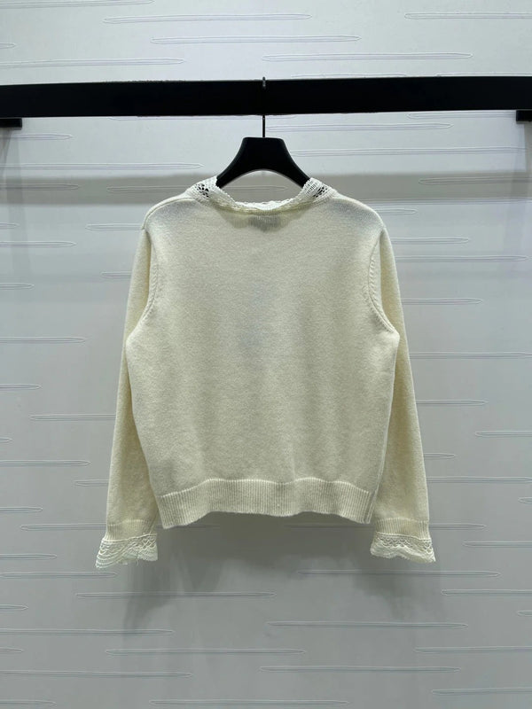 CC 26 Lace-Trimmed Knit Cardigan Cream Wool 340798