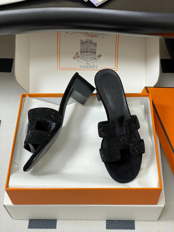 HM 25S ORAN HIGH‑HEEL SANDAL 50 MM IN BLACK LAMBSKIN WITH STONE DETAILS