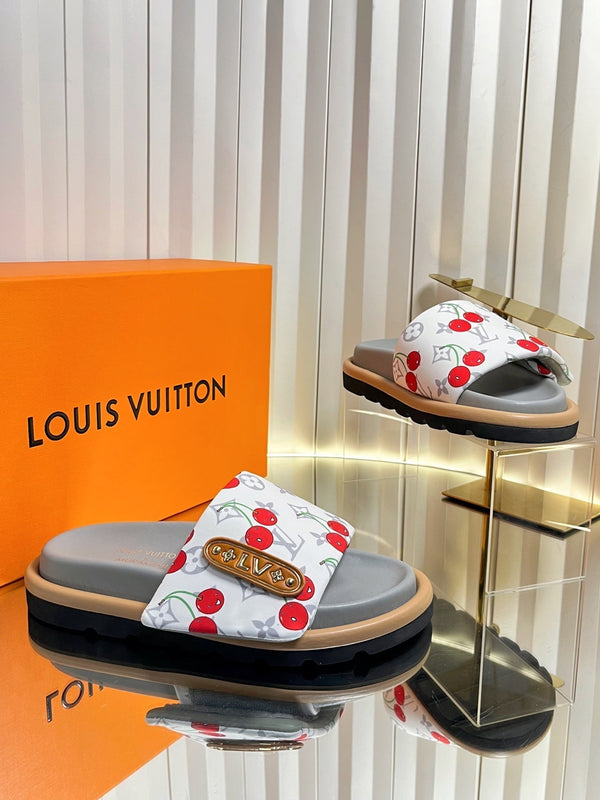 LV 26s Slippers White Gray Red Fabric Sheepskin 616353