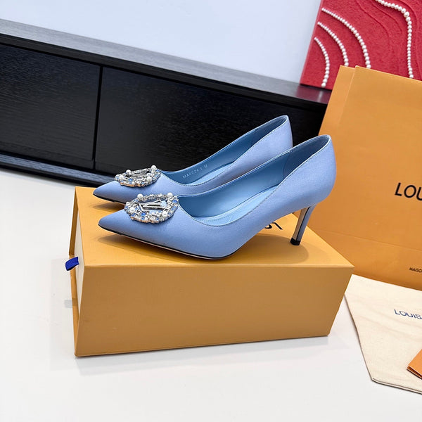 LV 26s Pointed-Toe High Heels 75 Light Blue Premium Satin 622433