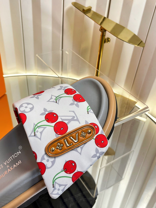 LV 26s Slippers White Gray Red Fabric Sheepskin 616353