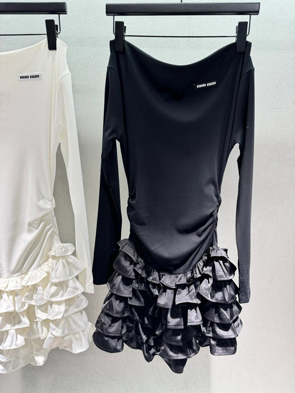 Miumiu 2026 Off-the-shoulder Tiered Dress Black and White Cotton
