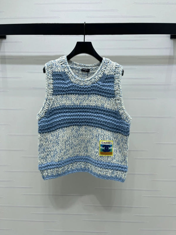 Chanel 2026 Crew Neck Striped Knit Vest Cashmere 983319