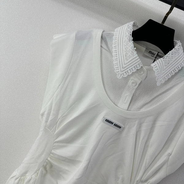 Miu 2026 Lace Short-sleeved Dress White Cotton 395700
