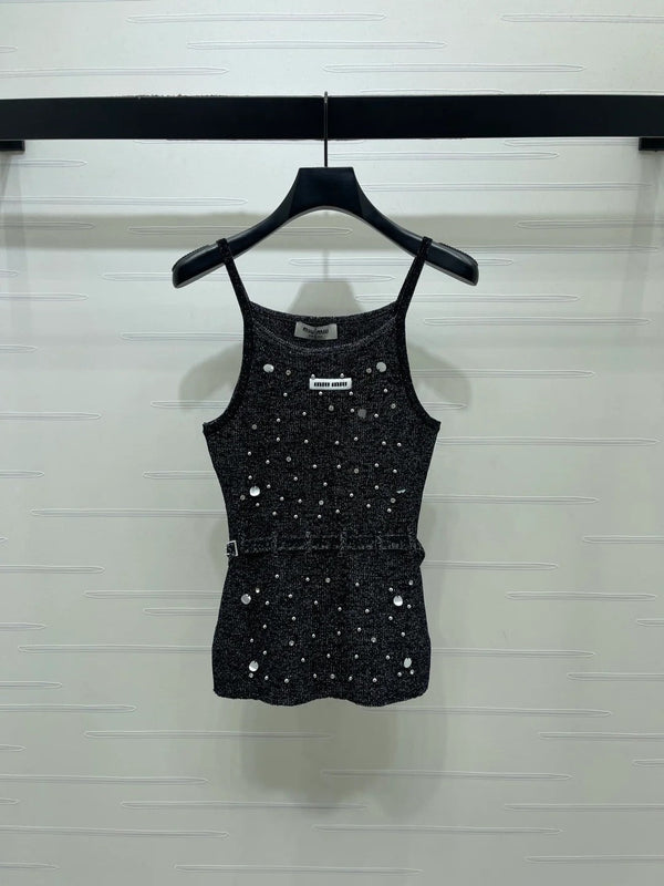 Miumiu 2026 Knit Top With Crystal Details And Belted Waist Wool