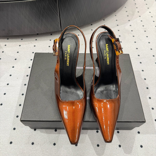YSL 26S Slingback Heels 10.5cm Buckle Closure Glossy Calfskin