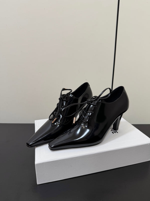 CE 26s Lace Up Pointed Toe Pumps Patent Calfskin