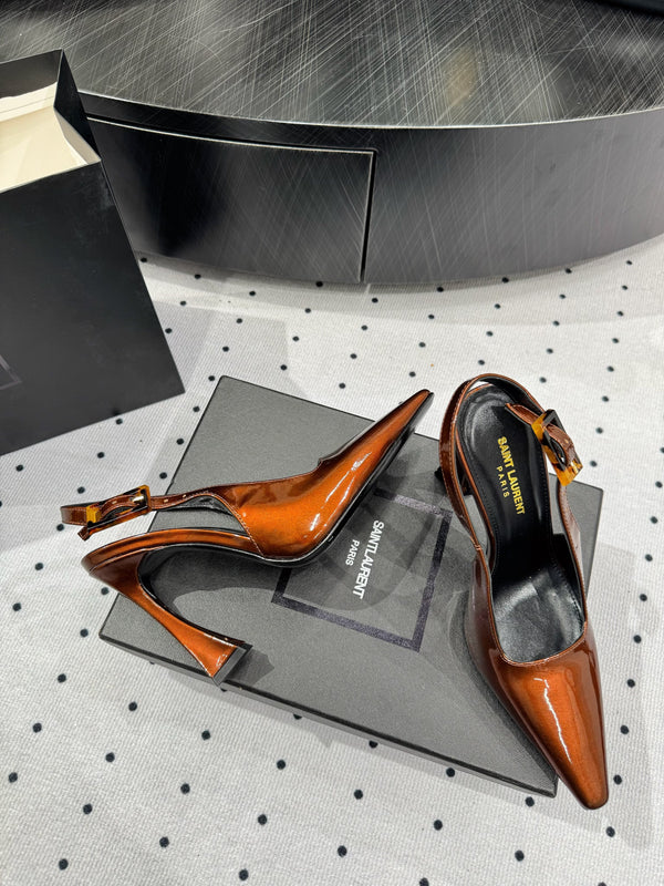 YSL 26S Slingback Heels 10.5cm Buckle Closure Glossy Calfskin
