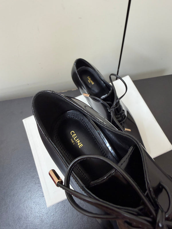 CE 26s Lace Up Pointed Toe Pumps Patent Calfskin