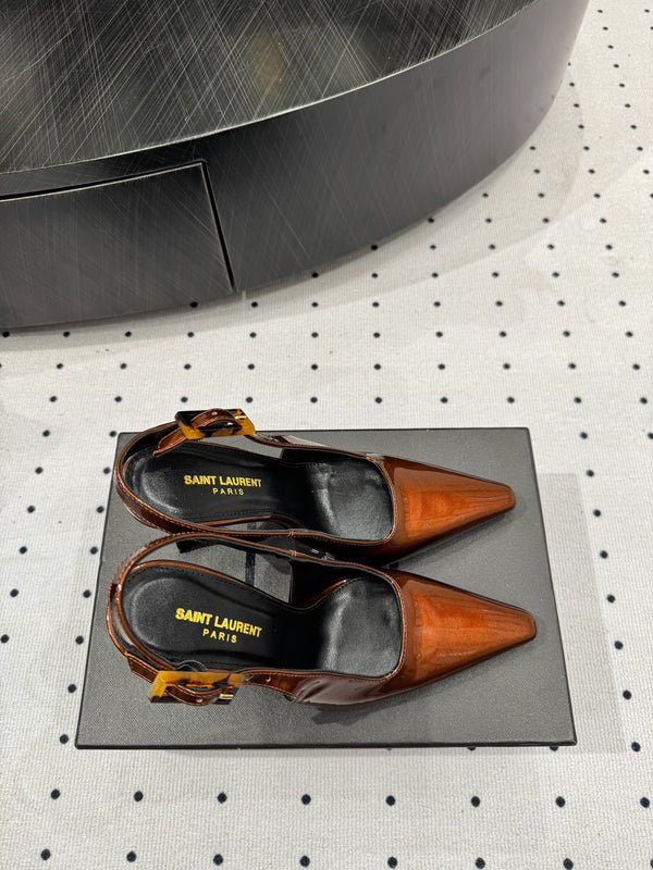 YSL 26S Slingback Heels 10.5cm Buckle Closure Glossy Calfskin