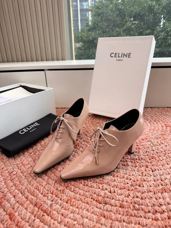 CE 26s Lace Up Pointed Toe Pumps Patent Calfskin