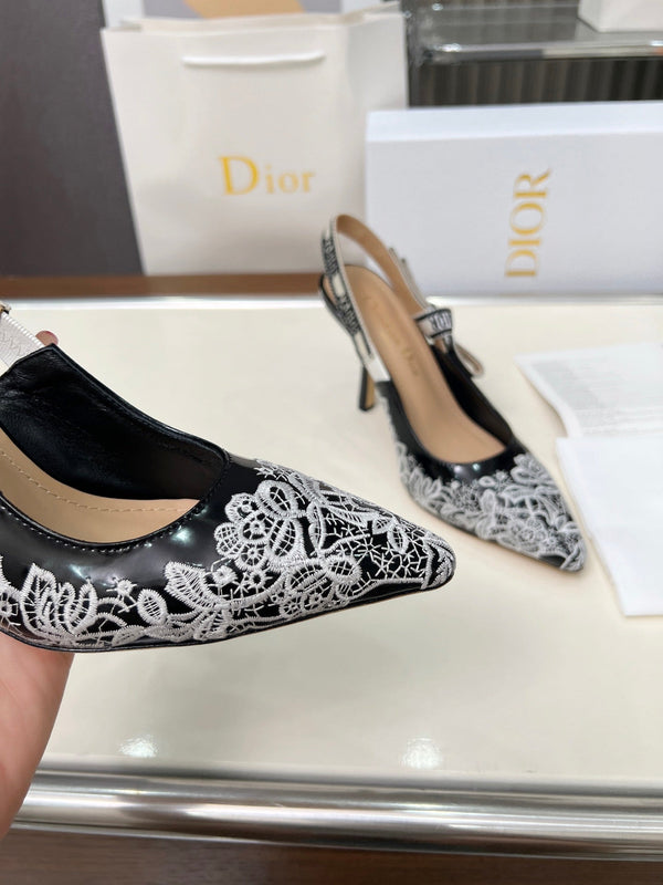 CD 26s J'Adior Slingback Pumps Black White Lace Calfskin 153615