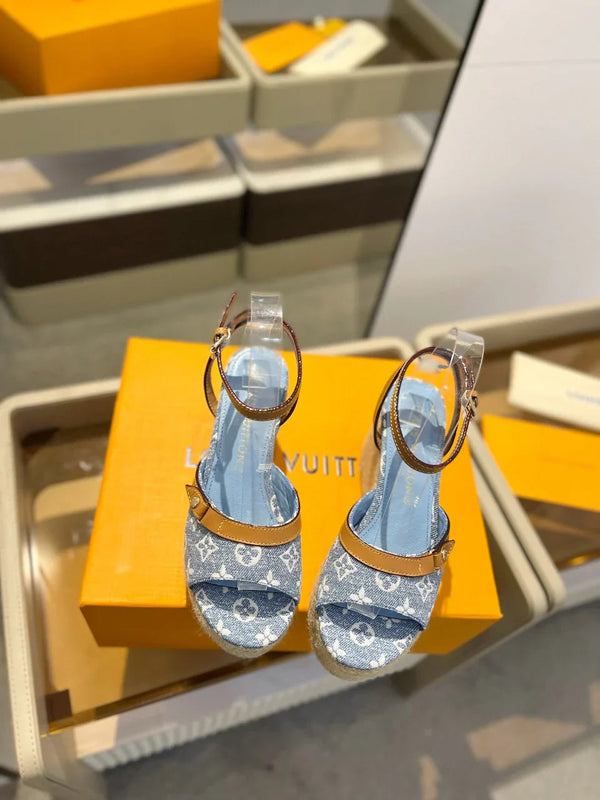 Louis Vuitton Helios Wedge Sandals Blue Canvas Cowhide 687329