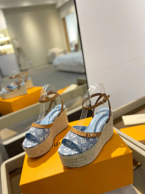 Louis Vuitton Helios Wedge Sandals Blue Canvas Cowhide 687329