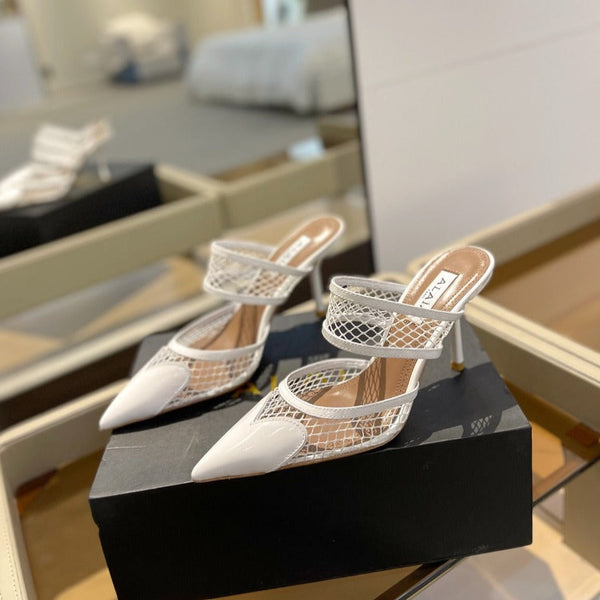 alaia mule 85 fishnet white heart lambskin